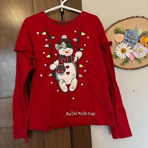 Girls Red Snowman Holiday Christmas Winter Graphic Long Sleeve Ruffle T-shirt M